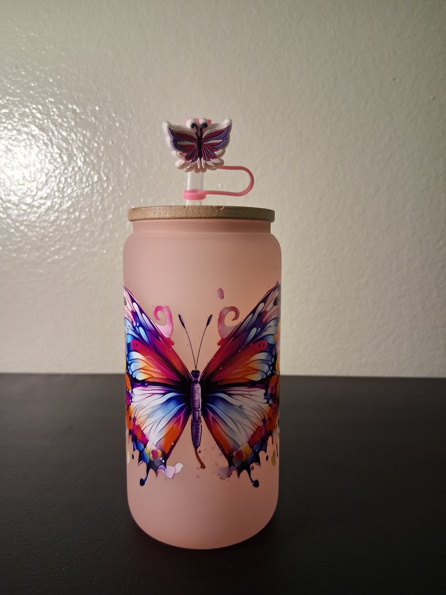 Pink Butterfly Frosted Tumbler