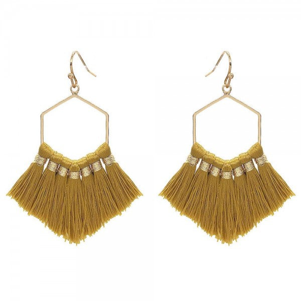 Fringe Tassel Hexagon Drop Earrings in Gold